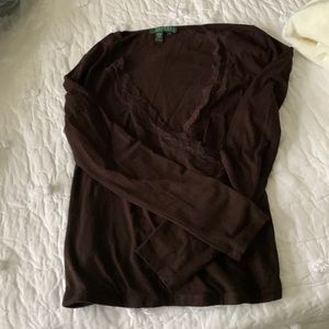 Dark brown Lauren v neck shirt with lace trim